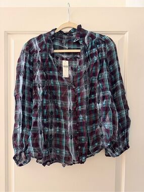 Anthropologie Plaid Button-Front Blouse in Teal and Burgundy